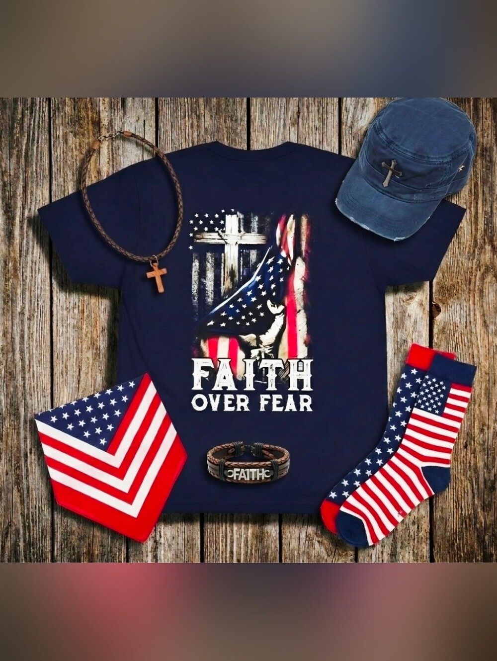 Faith Over Fear Christian Patriotic Tee • American Flag Cross Shirt • - Picture 7 of 15
